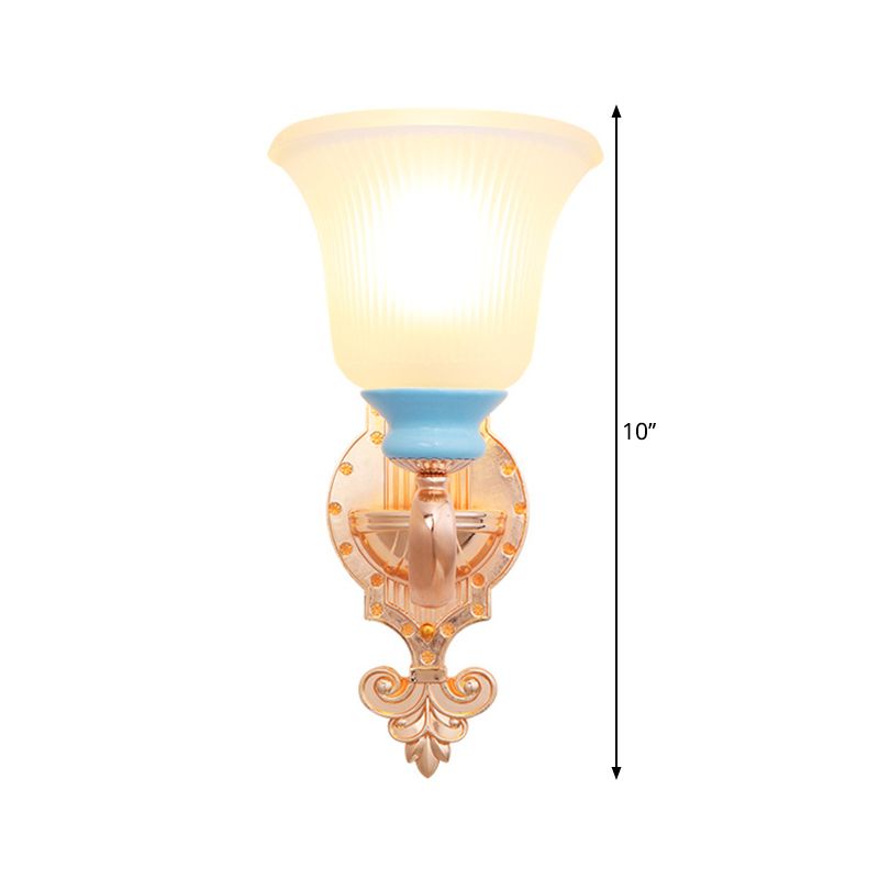 Vintage Swirled Arm Wall Light 1/2-Bulb Metal Wall Mounted Lighting in Gold with Bell Frosted Ribbed Glass Shade