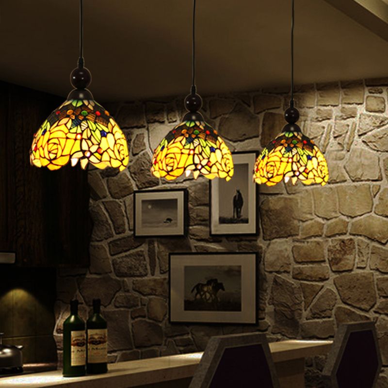 Pink/Yellow 1 Light Pendant Lighting Tiffany Style Stained Art Glass Blossom Ceiling Lamp