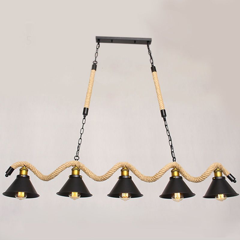 Hemp Rope Island Ceiling Light Vintage Style Restaurant Island Chandelier Light with Cone Metal Shade