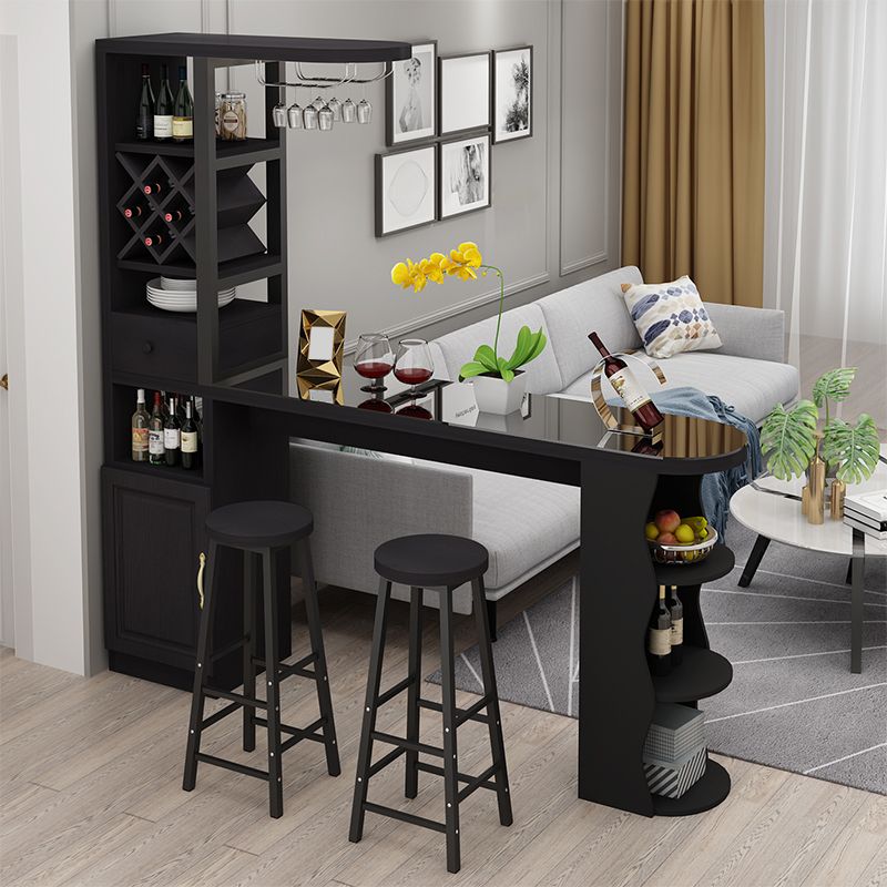 Modern Glass Bar Table Wood Base with Wine Cabinet for Living Room