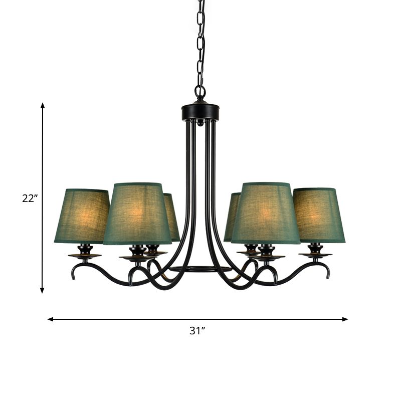 Green Tapered Chandelier Lighting Fixture Rustic Fabric 6 Lights Pendant Light Kit for Dining Room