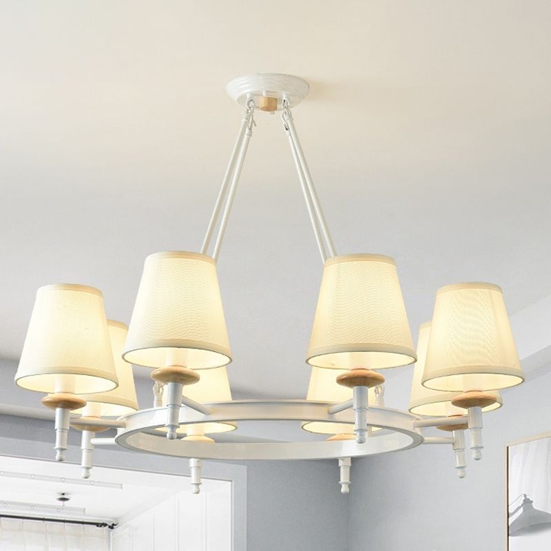 Modern Barrel Ceiling Pendant Light Fabric 8 Heads Living Room Chandelier Lighting in White