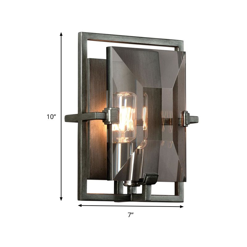 Rectangle Crystal Shade Wall Light Fixture Vintage 1 Bulb Wall Sconce in Smoke Gray for Hallway