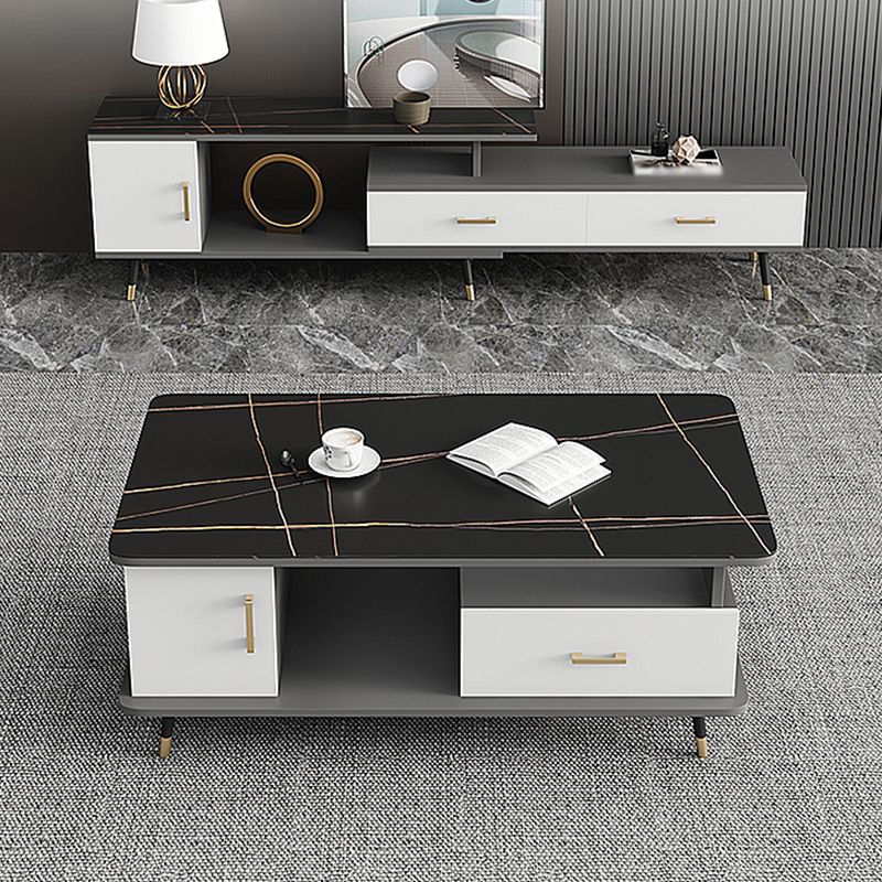 Modern Style Black Gold/white/platinum/gray Rock Slab Top Metal Base Coffee Table