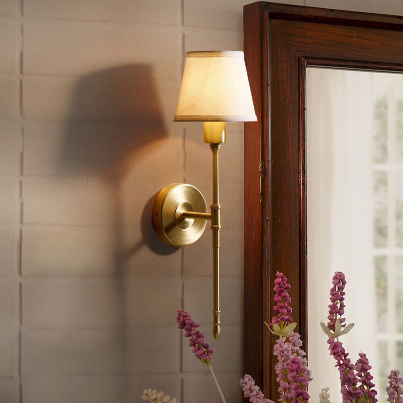 Fabric Empire Shade Wall Lighting Fixture Simplicity Bedroom Wall Sconce Lamp with Elongated Arm in Gold