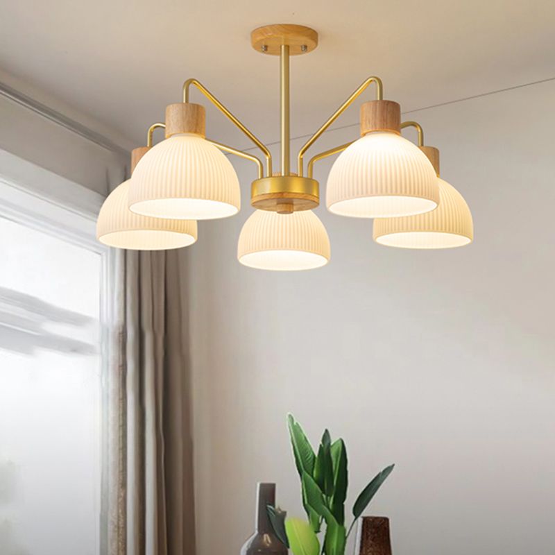 Modern Wood Flush Mount Dome Shape Ceiling Light with Glass Shade for Living Room