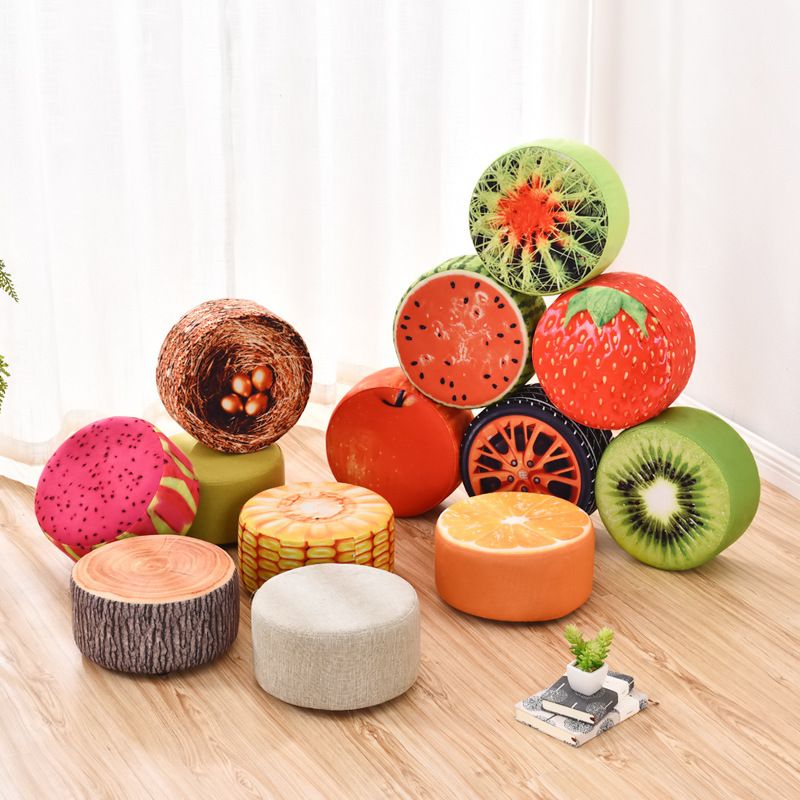 Round Pouf Upholstered Scratch Resistant Contemporary Fruit Printed Fabric Footstool