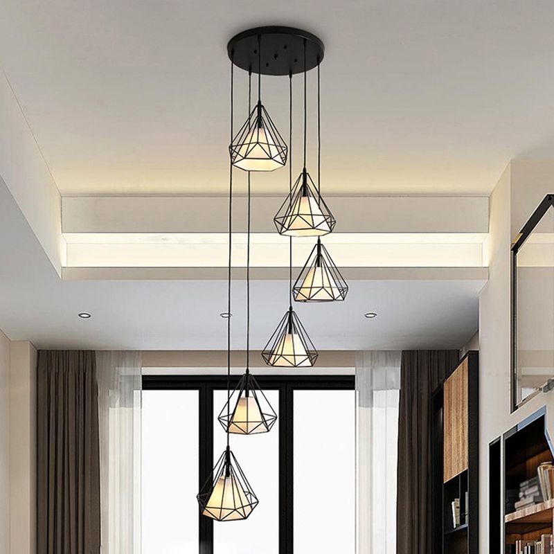 Simplicity Diamond Cage Hanging Light Metallic Staircase Multi Light Pendant with Inner Cone Shade in Black