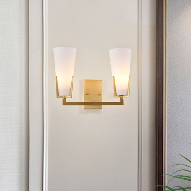 Cone Bedside Sconce Lighting White Glass 2 Bulbs Post Modern Wall Mounted Lamp in Brass