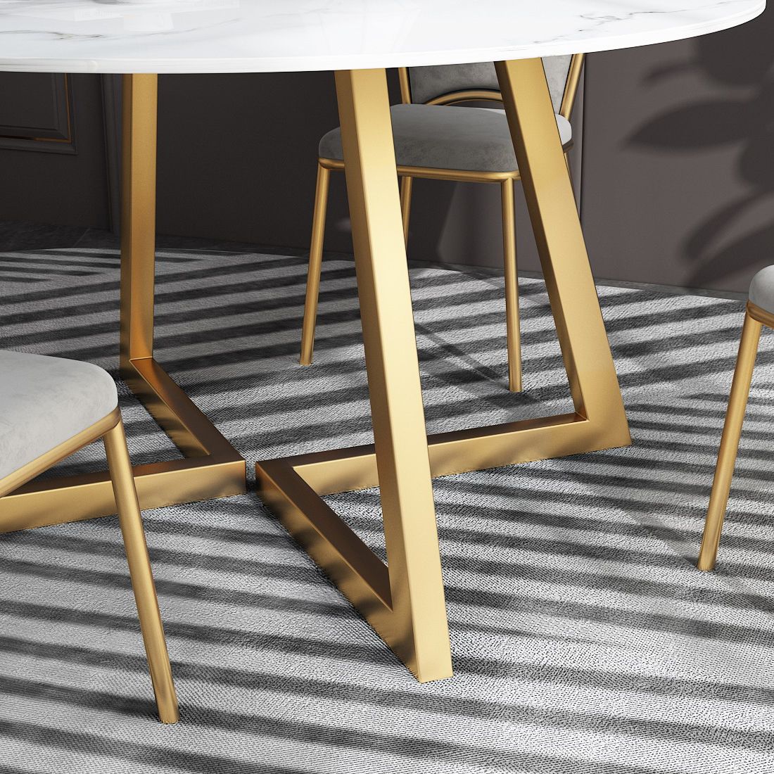 White Stone Top Dining Table Glam Style Gold Base Dining Table for Living Room