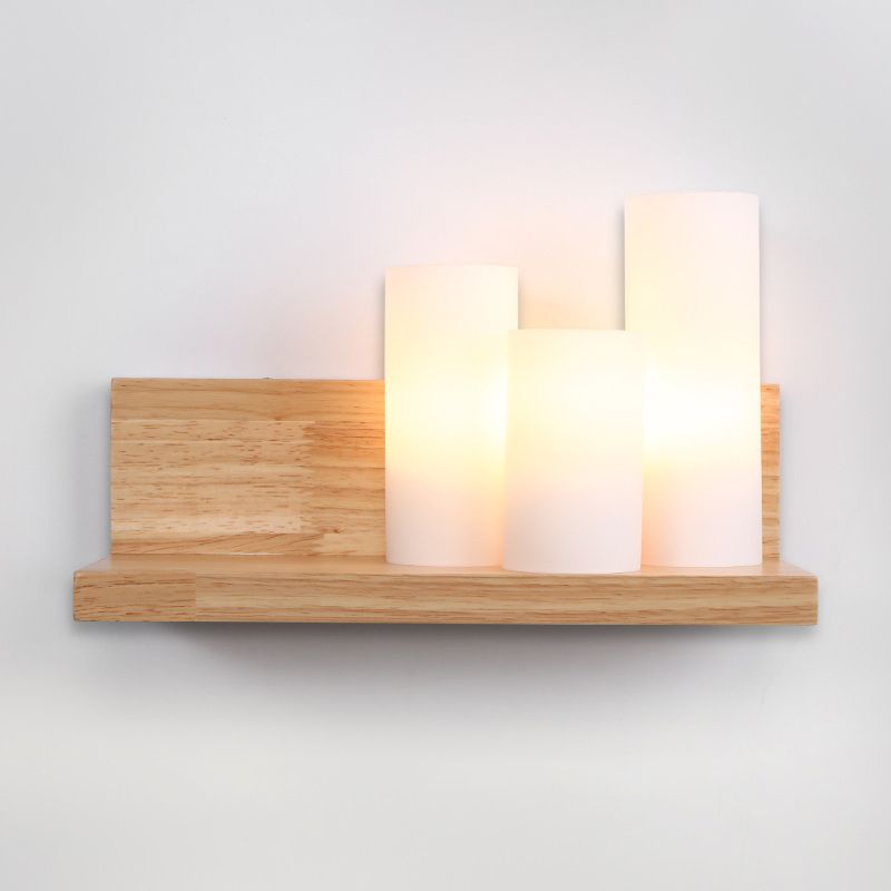 Asian 3 Heads Sconce Wood Tube Wall Lighting Fixture with Opal Glass Shade for Dining Room