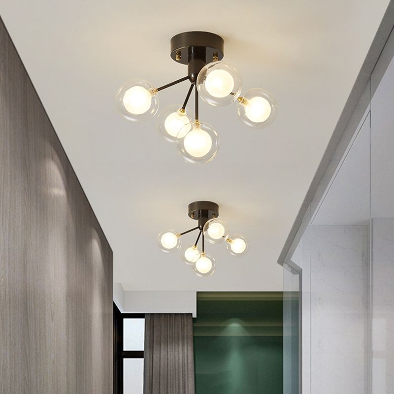 Ball Semi Flush Mount Chandelier Modern Clear and Frosted Glass 5-Light Corridor Ceiling Light