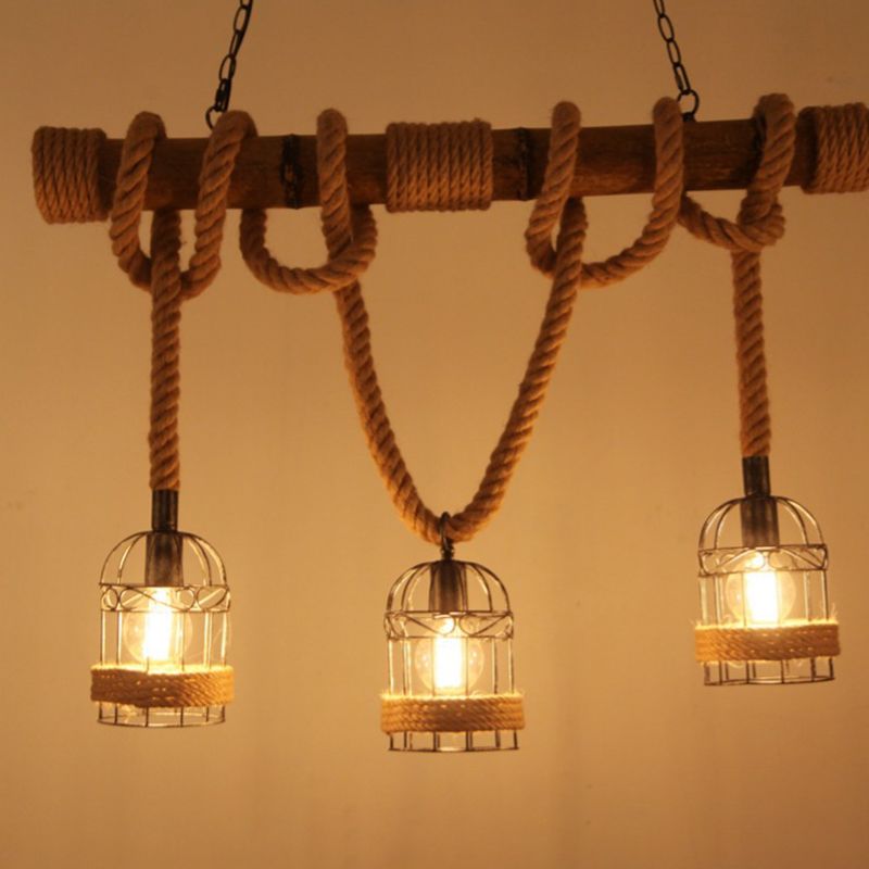Rope Cage Shade Island Light Fixture Retro Style Restaurant Chandelier Light Fixture in Beige