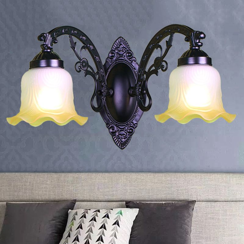 Flower Living Room Wall Light Sconce Vintage Style Metal 1/2 Lights Black/White Wall Lamp with Frosted Glass Shade