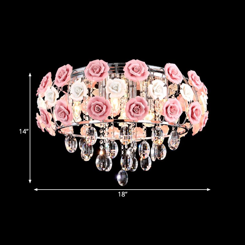 Pink Blooming Rose Ceiling Light Modern Romantic Crystal 6-Bulb Living Room Flush Mount Chandelier