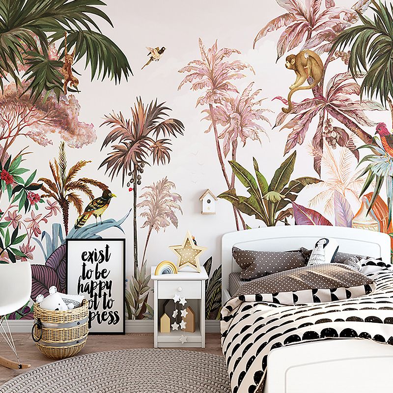 Extra Large Simple Wall Decor in Pink Plant and Bird Wall Mural Decal, Made to Measure