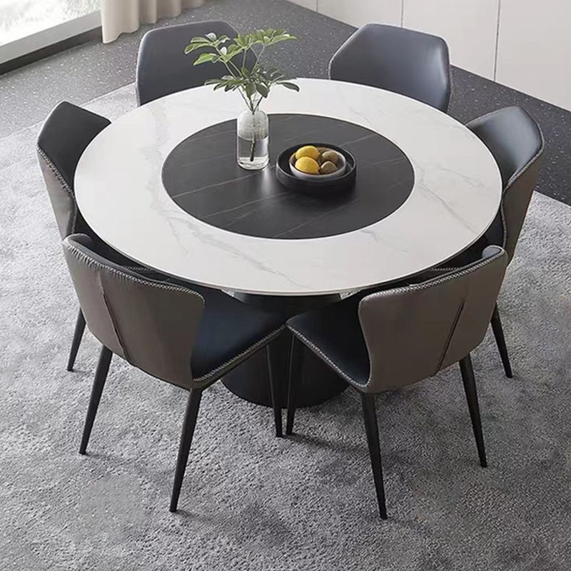 Modern Round Pub Table Stone Top Black Base Pedestal Casual Dining Table