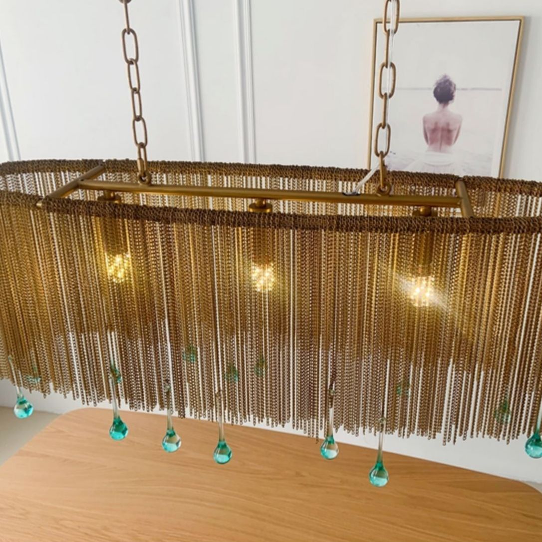 Aluminum Tassel Chandelier Postmodern Brass Finish Hanging Lamp with Blue Crystal Drops