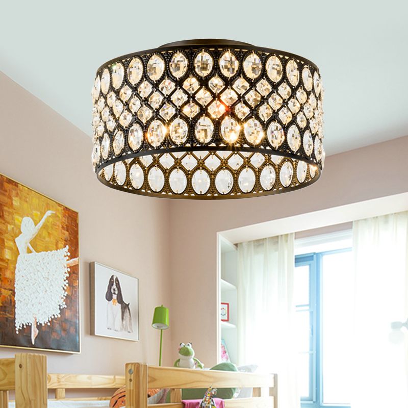 Modern 3 Lights Ceiling Light with Metal and Crystal Black Cylinder Flush Mount Light