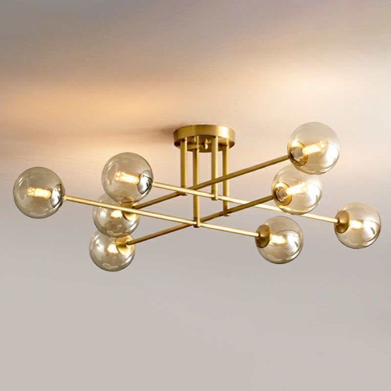 Spherical Dining Room Ceiling Fixture Amber Glass Postmodern Semi Flush Mount Lighting in Gold