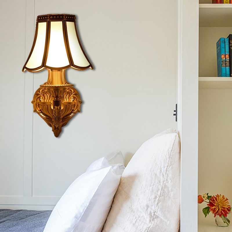 Flared Frosted Glass Wall Sconce Traditional 1/2 Lights White Wall Mounted Lamp with Curly Gold Arm