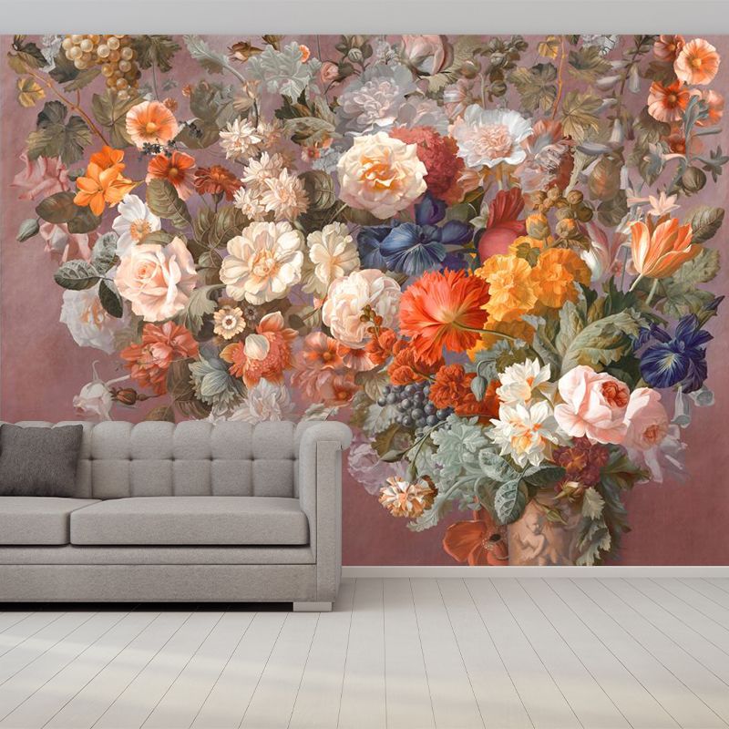 Modern Flowers Wall Murals Non-Woven Decorative Orange Pink Wall Covering for Fireplace
