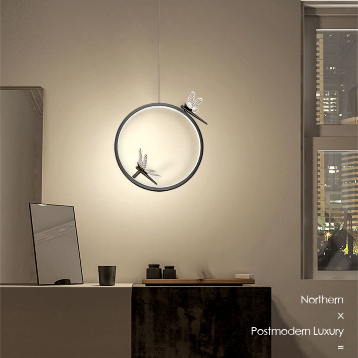 Anillo y libélula Led colgante artística simple acrílico lámpara colgante de la cama colgante