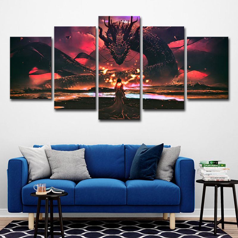 Kids Style Wall Art Red Digital Print Girl and the Devil Dragon Canvas for Boys Room