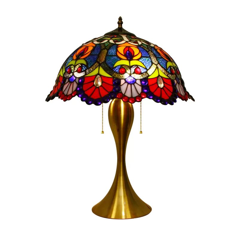 Victorian Dome Night Light 1 Bulb Stained Glass Desk Lighting with Beaded Deco in Brass, Pull Chain