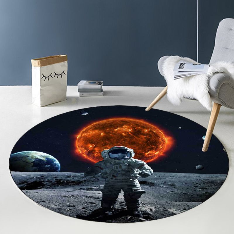 Black and Grey Bedroom Rug Modern Outer Space Planet Astronaut Pattern Area Rug Polyester Stain-Resistant Carpet