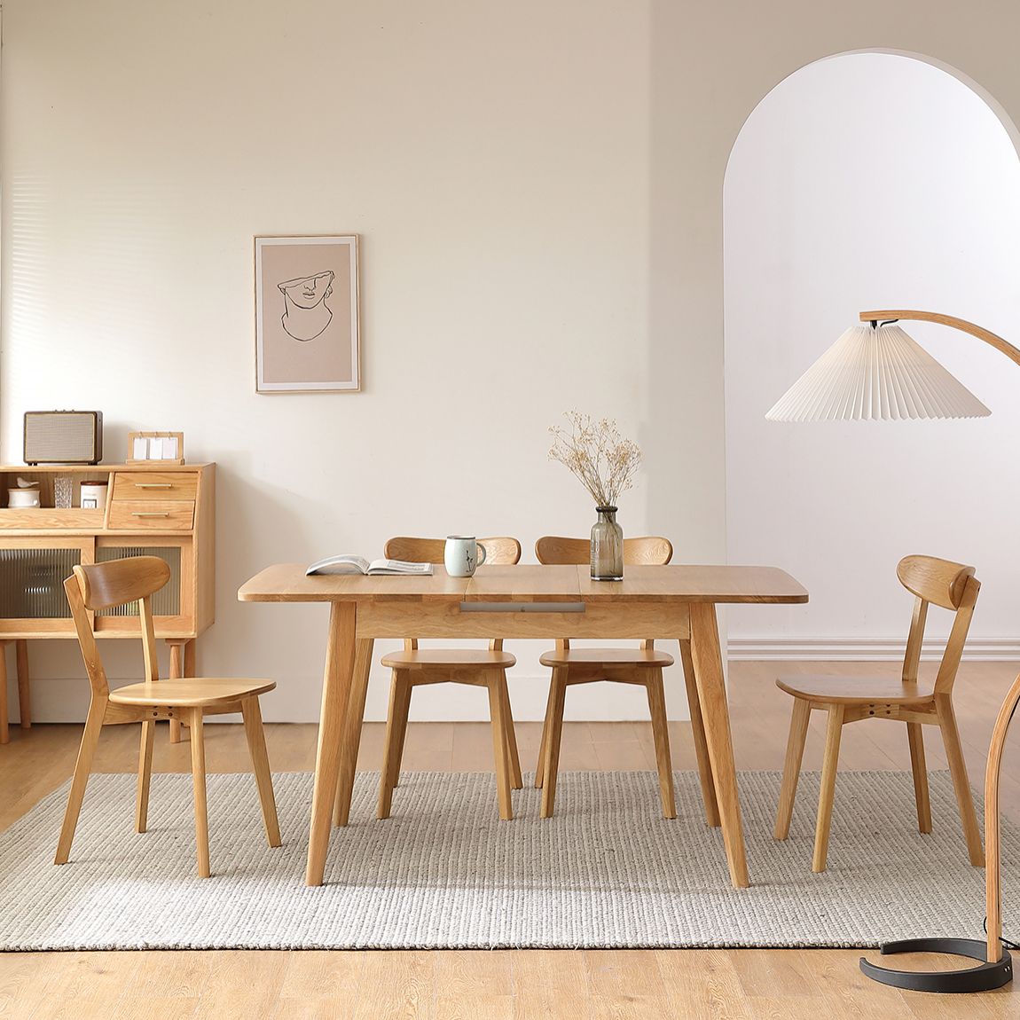 Mesa de comedor rectable extensible Mesa de madera de roble ajustable moderna con 4 patas para restaurante