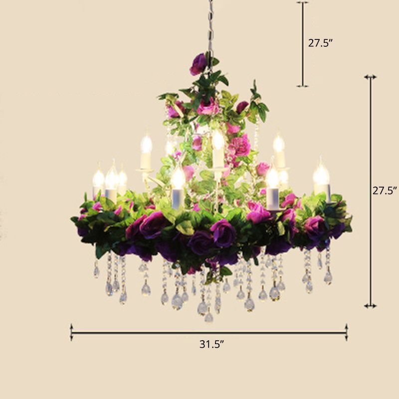 Candle Metal Pendant Chandelier Rustic Restaurant Ceiling Hang Light with Plant Decorations