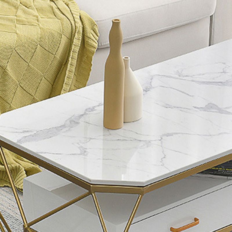 Glam Coffee Table with Glass/Marble Top and 2 Drawers and Iron Base