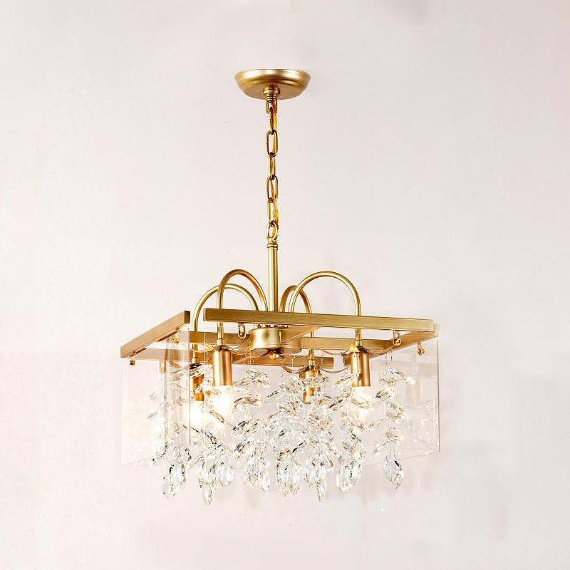 Gold Square Hanging Chandelier Lodge Crystal 4/6/8 Lights Living Room Suspension Pendant