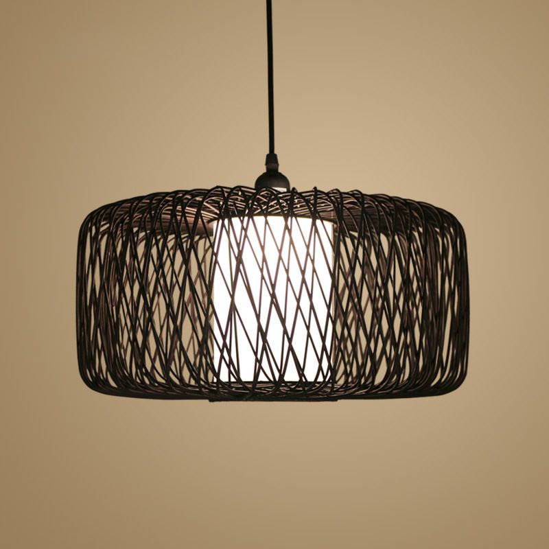 Trommel Bambus Hanging Lamp Asian 1 Glühbirne Beige/schwarzer Anhänger Beleuchtungsstoffe für Esszimmer