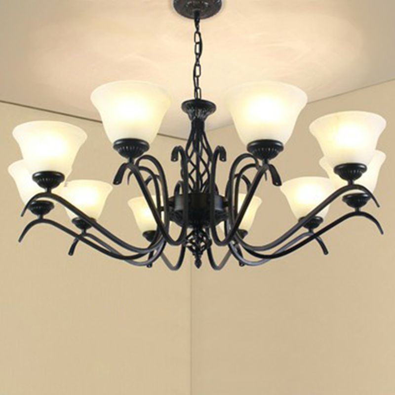 Rustic Bell Shade Ceiling Lighting Cream Glass Chandelier Light Fixture in Black for Bedroom