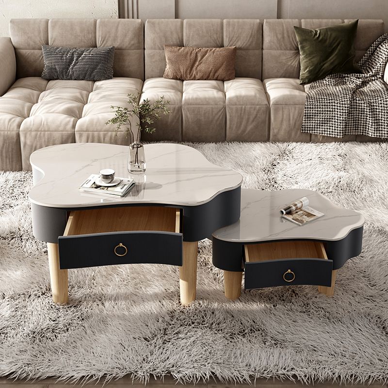 Modern Free Form Slate Cocktail Table Wood 4 Legs Coffee Table with Drawers