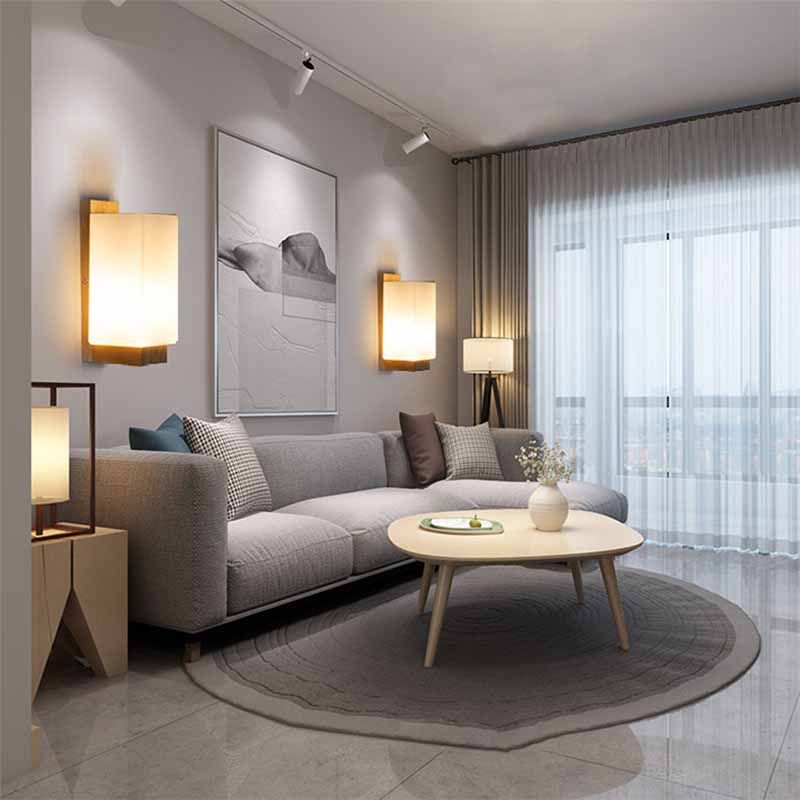 Modern Wood Wall Sconce Rectangle Shape Vanity Lamp with Glass Shade for Bathroom