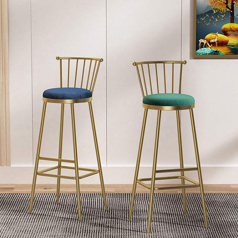Glam Backrest Armless Counter Stool Iron Bar Stool with Velvet Cushion and Pedal for Cafe