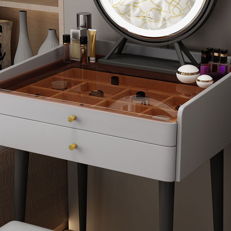 Contemporary 2-Drawer Vanity Makeup Table Set Glass Top Dressing Table Stool Set