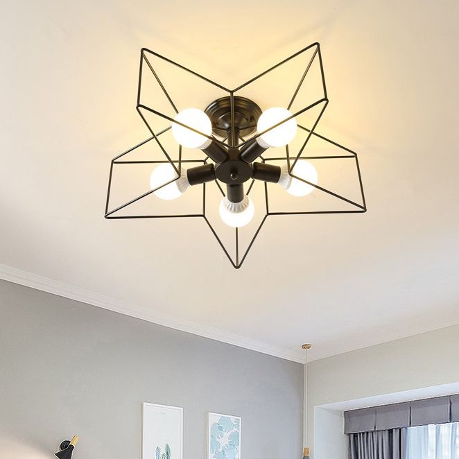 Industrial Star Flush Light Fixture Metal 5 Light Flush Mount Lighting in Black