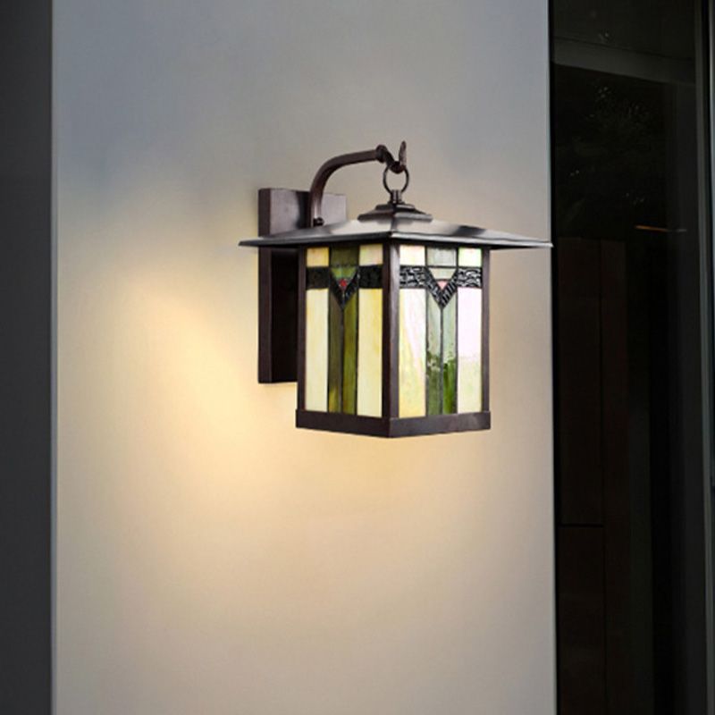 Green 1 Light Wall Mounted Light Fixture Tiffany Cut Glass Lantern Sconce for Outdoor