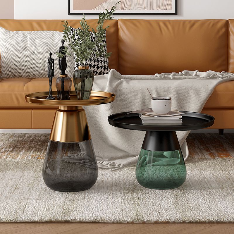 Mid-Century Modern Metal Round Side Table Top Glass Single Base Side Table
