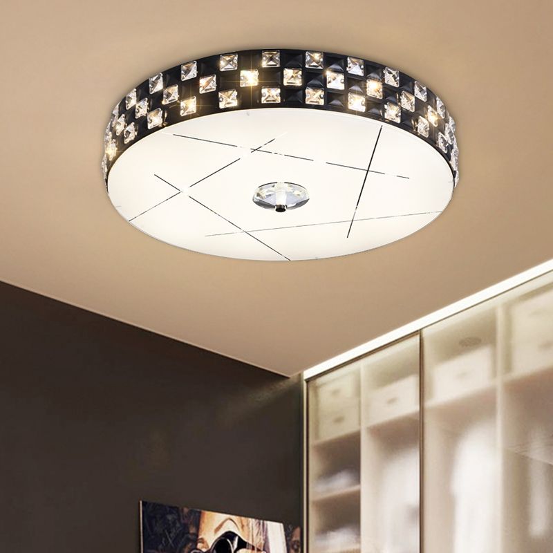 Beveled Crystal Drum Flushmount Simple LED Guest Room Close to Ceiling Lighting Fixture in Black