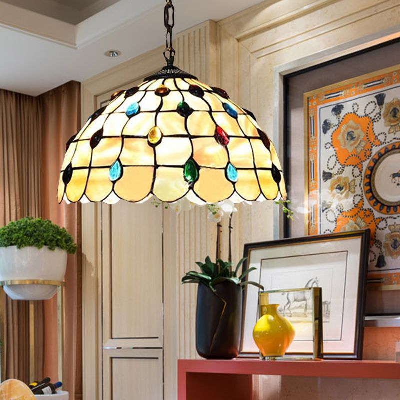 16 "/19.5" W gebrandschilderd glazen kom drop lamp Tiffany-stijl 2 koppen beige hanglampverlichting met cabochons edelsteen