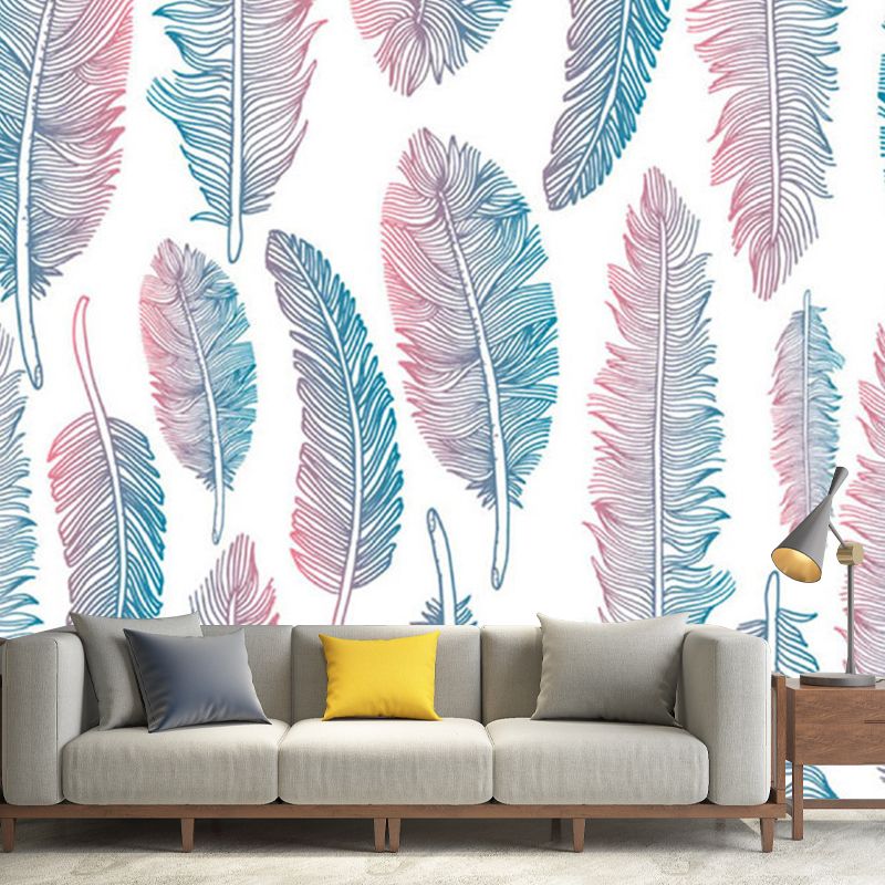 Pink-Blue Feathers Wallpaper Murals Moisture Resistant Modern Living Room Wall Art