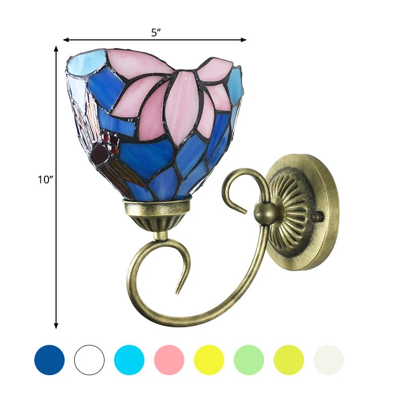 Metal Brass Wall Sconce Swirled Arm 1-Light Tiffany Wall Hanging Light with Geometry Cut Glass Shade