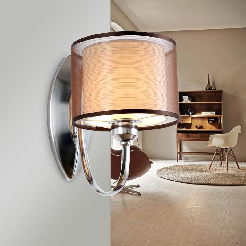 Cylindrical Fabric Shade Wall Sconce Modern 1/2-Light Hallway Sconce Light Fixture in Chrome