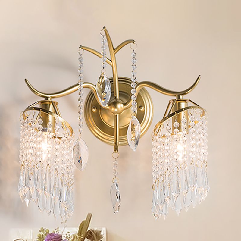 Contemporary 2 Lights Wall Light with Crystal Shade Brass Branch Sconce Light Fixture