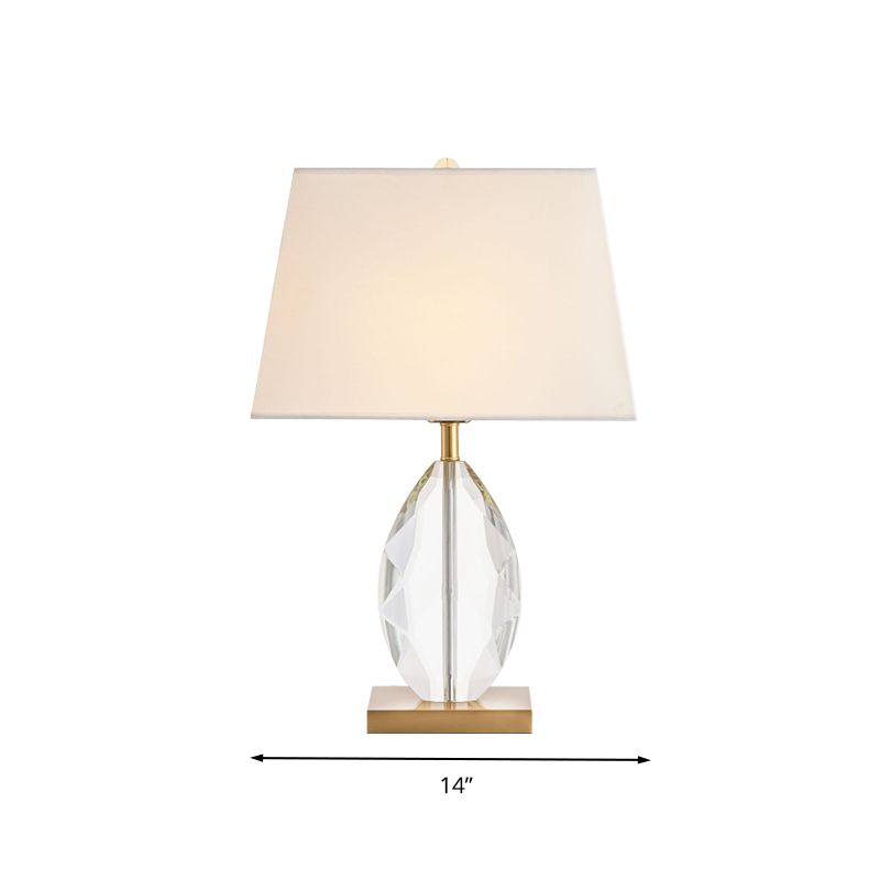 Bulbe unique table ovale lumière lampe de nuit en cristal blanc traditionnel avec de l'ombre en tissu trapézoïdal